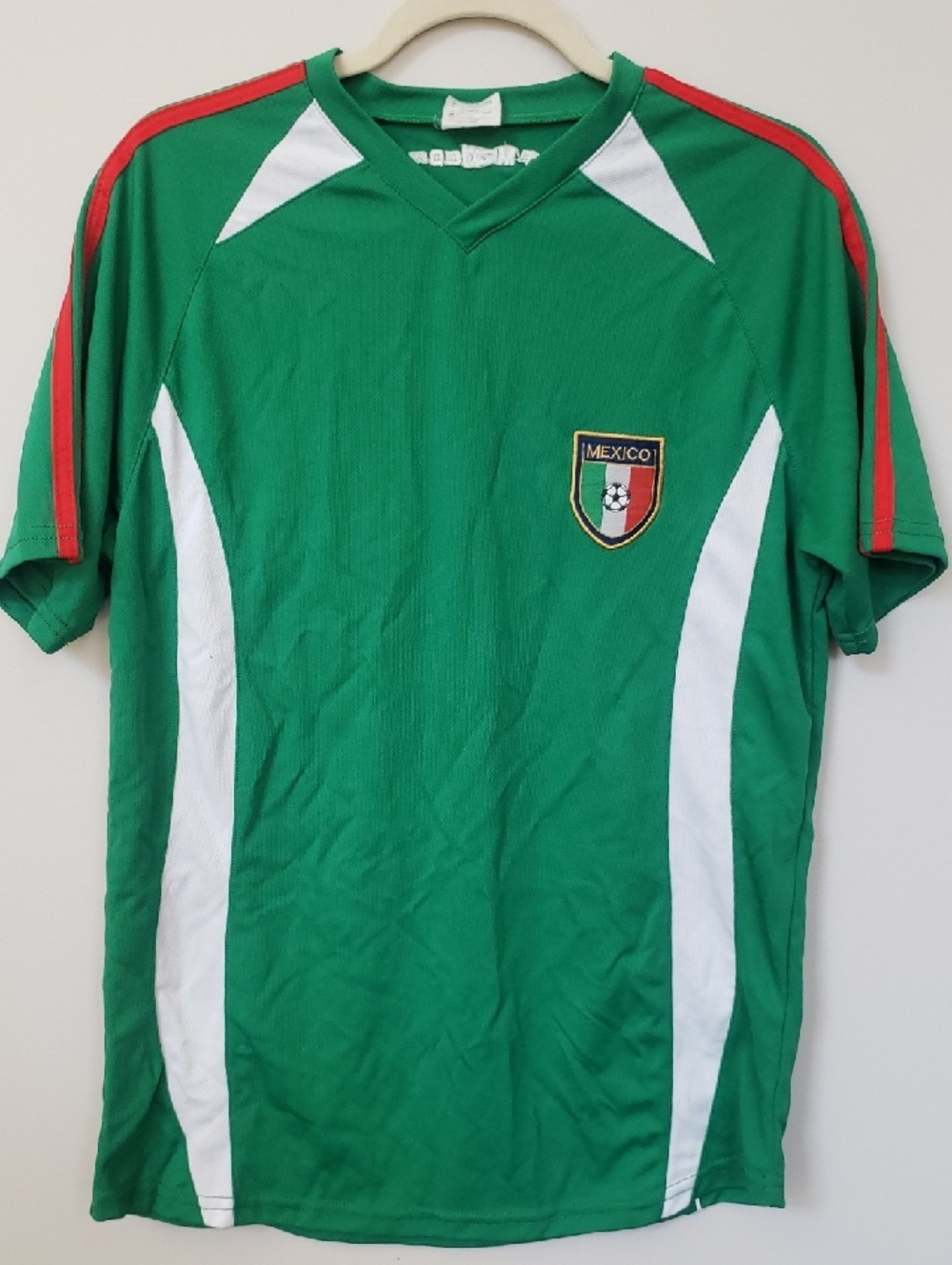Mon Agui Jersey Mens L Mexico Logo Futbol Soccer Green Red White V Neck FIFA